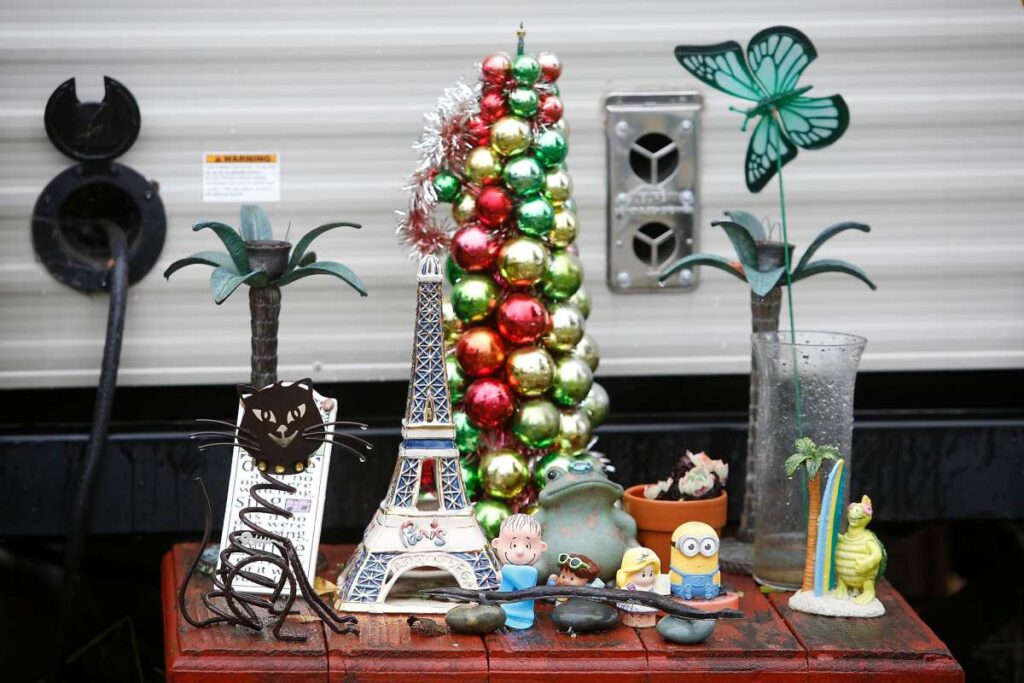 Holiday decorations outside trailer.