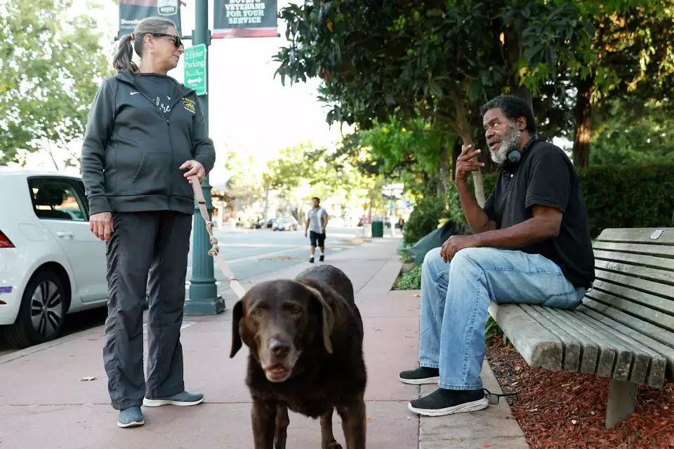 A dog rests beside two people talking on a bench—showing companionship and accessibility.