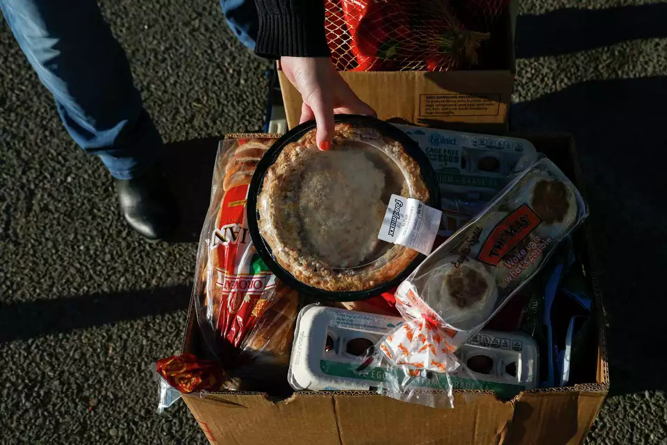 Close-up of packaged food items—illustrating emergency food access or pantry donations.