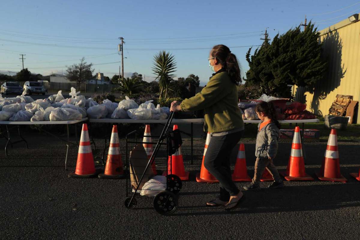 A person pushes a cart of groceries through a cone-lined parking lot—emphasizing access and resource support.