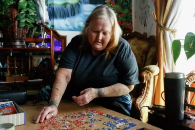 A woman works on a colorful jigsaw puzzle at home—illustrating mindfulness and creativity.