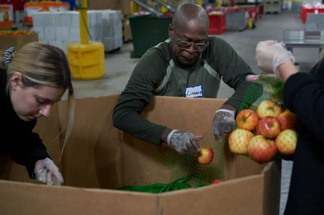 Food bank volunteers bagging apples.