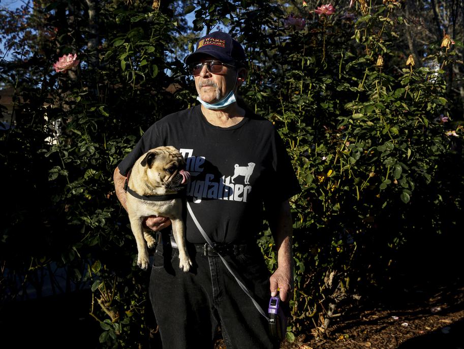 A man stands in a sunny field holding a small dog—portraying peace and companionship in nature.