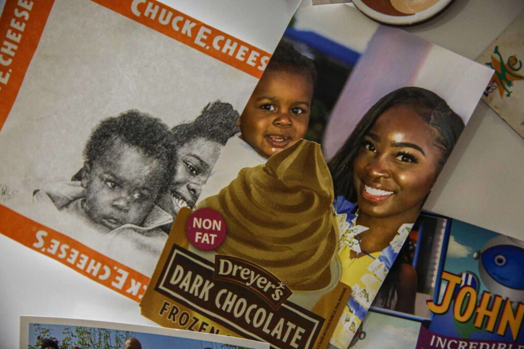 Photos of a smiling woman and child on refrigerator—suggesting memory, sweetness, and connection.