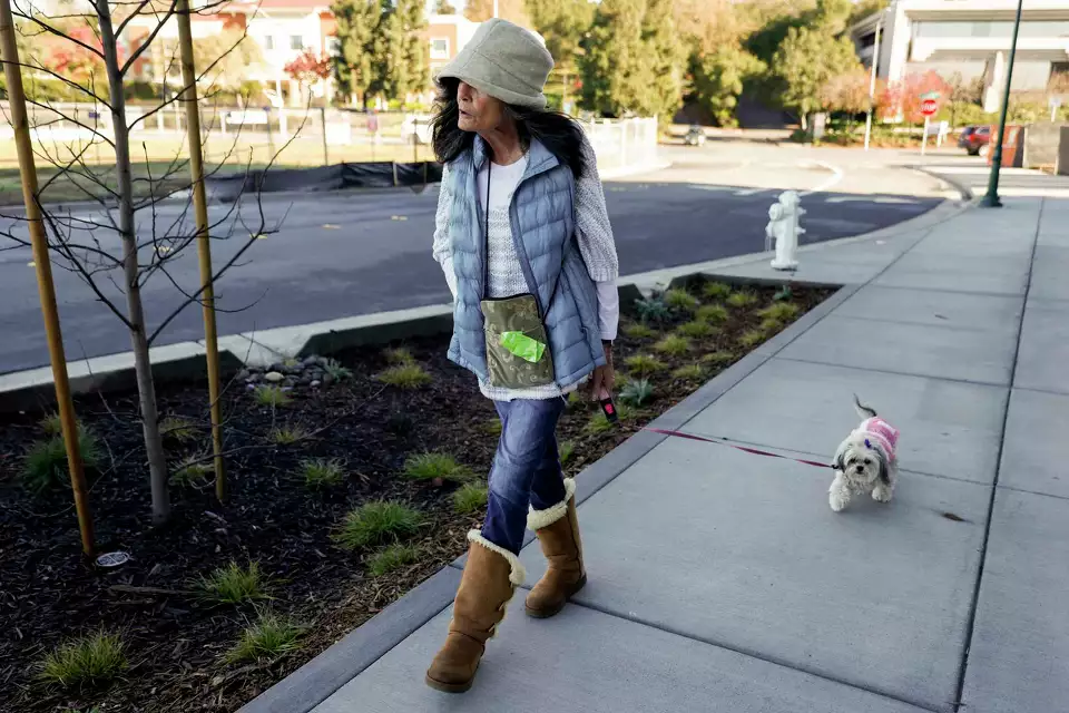 A woman walks a small dog in a neighborhood, bundled in winter clothes—showing independence and resilience.