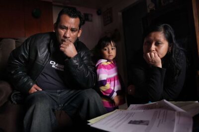Family of three looking forlorn while sitting on couch.