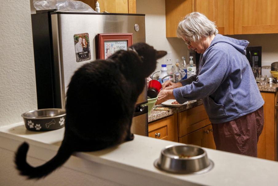 An older woman prepares food in a kitchen as a cat watches from the counter—illustrating home life and companionship.