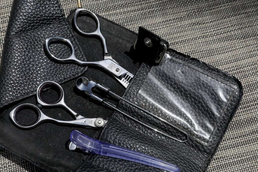 Close-up of scissors, clips, and hair tools in a black case.