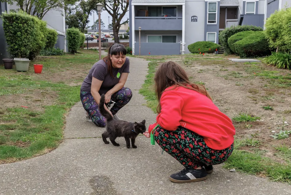 Mother and daughter greeting a black cat.